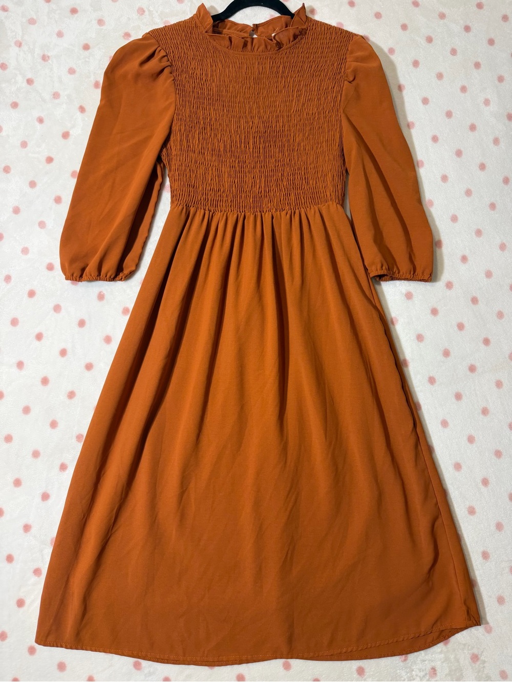 Roolee Cute fall colored Smocked Midi Dress Sz Sm Boho Cottagecore Puffsleeve